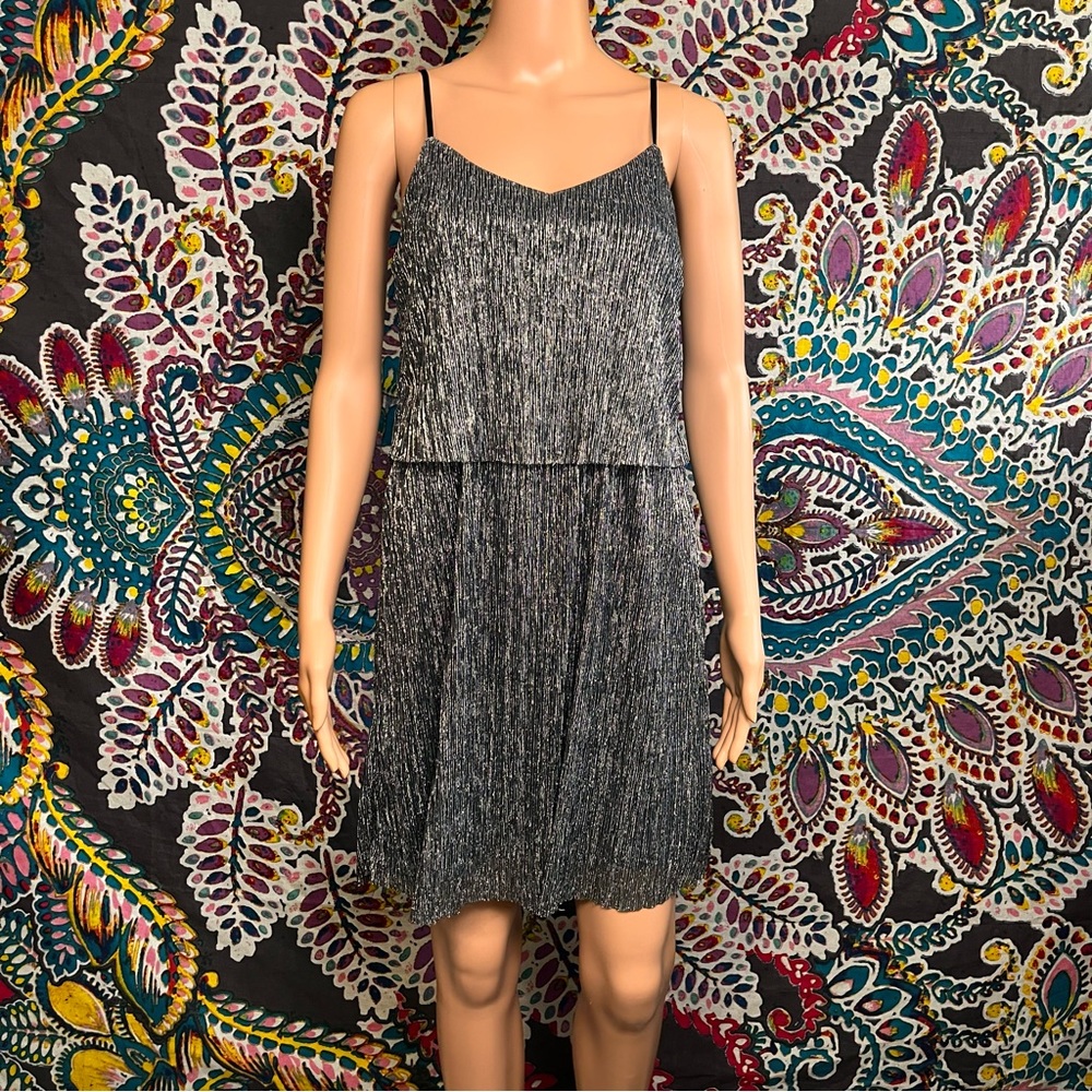 ANTHROPOLOGIE Everly Blue Silver TINSEL Spaghetti Strap Party Dress Small
